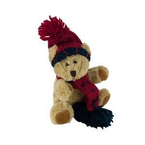 Hugfun Teddy Bear Plush Tan 6"‎ Stuffed Animal Toy Christmas Knit Hat Scarf Vtg